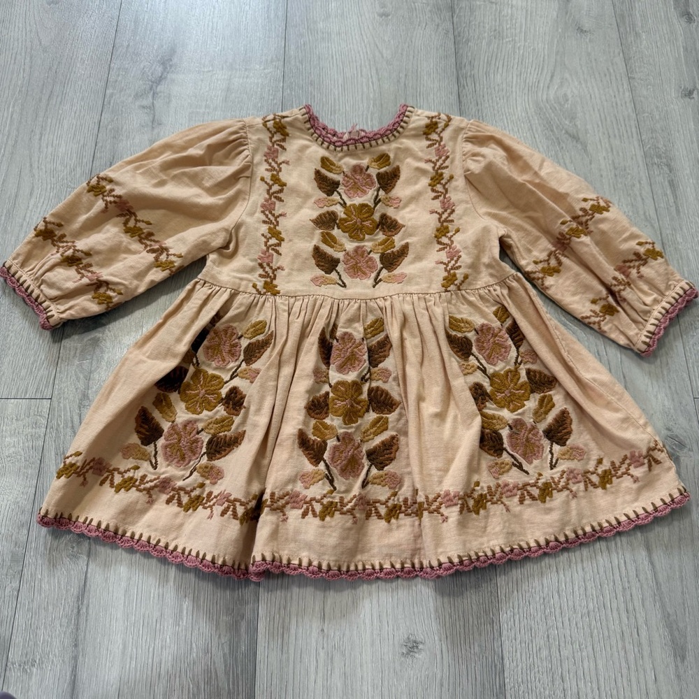 Apolina Floral Embroidered Kids Dress - Cream and Brown